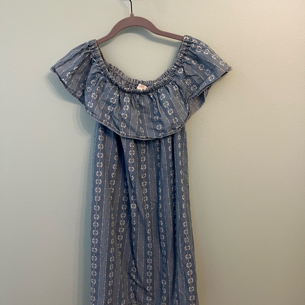 Blue Off-Shoulder Dress with White Floral Pattern